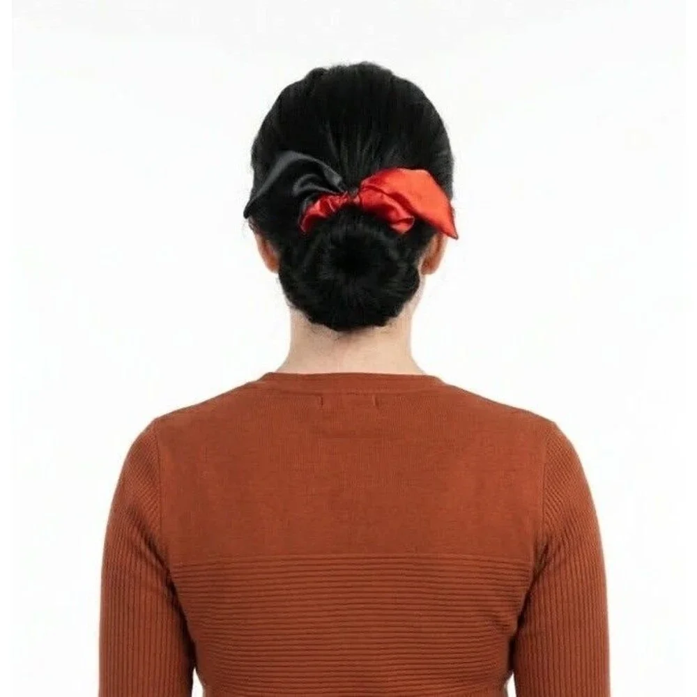 Handmade Red Black Satin Scrunchie Scarf Bow Hair Tie Ponytail Holder